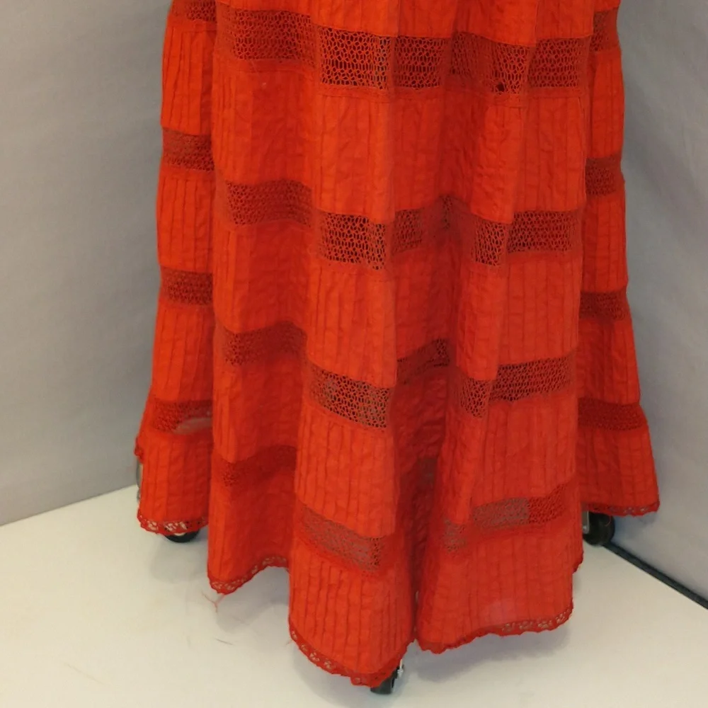 Red Mexican Wedding Dress Delicate Cotton Crochet 59" Long Traditional Fem Maxi - Picture 5 of 14
